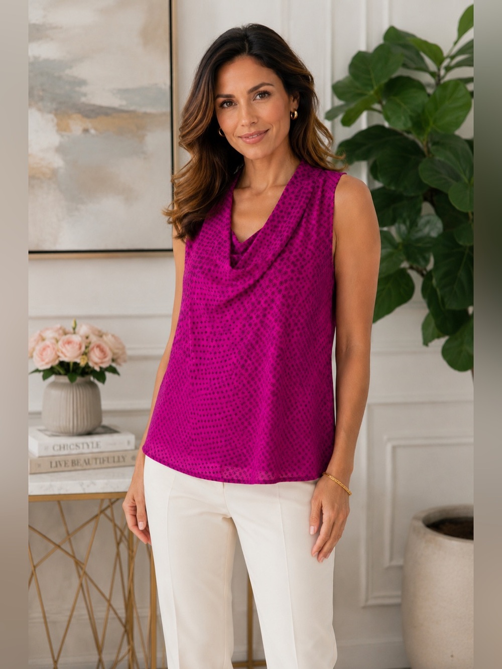 CAbi Pink Sleeveless Drape Neck Blouse Size Medium Sheer Dot Floral Print Top